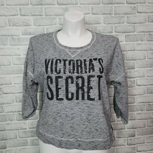 Victorias Secret Size L Black White Striped Sequin‎ Logo Sweatshirt 3/4 Sleeve